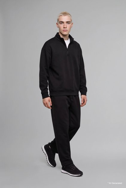 E9363Axbk81 Black Boxy Fit High Neck Scuba Fabric Long Sleeve Basic Sweatshirt