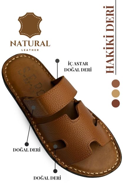 Genuine Leather Men's Slippers - Soft Thick Soled Genuine Velcro Leather Men's Slippers Tan
