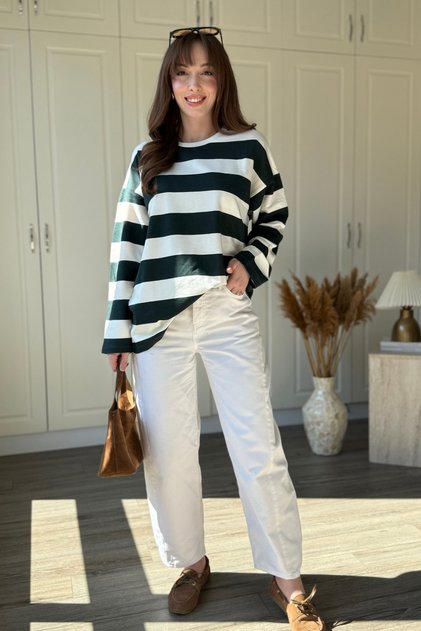 Thick Striped Crew Neck Green Sweatshirt