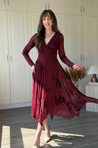 Asymmetrical Double Breasted Collar Glittery Patterned Midi Burgundy Dress
