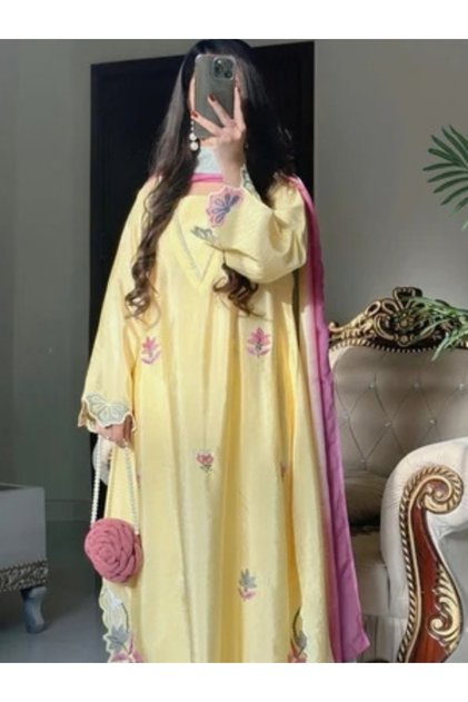 Butter Yellow Silk Kurta Palazzo Set with Contrast Dupatta - HRT101803 | Butter Yellow-Size:2XL-44-Inches