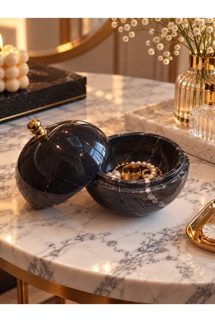 Natural Black Marble Covered Jewelry Box, Luxury Decorative Bowl with Gold Handle and Accessory Storage Box
