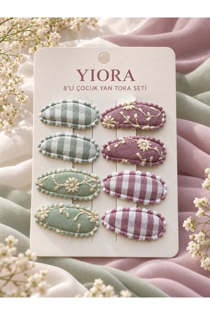 8’li Kız Çocuk ve Bebek Kumaş Kaplı Çıtçıt Saç Tokası Seti – Desenli Kaymaz Klips Toka