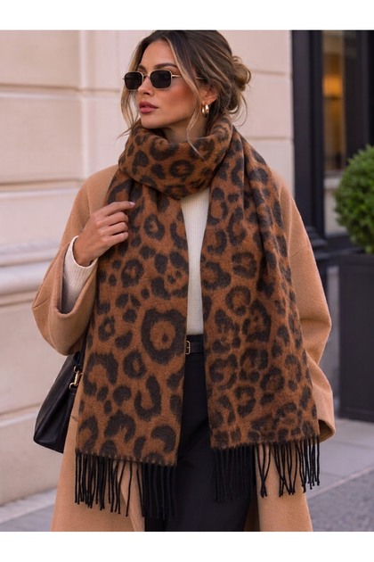 Women's French Leopard Patterned Loose Scarf Shawl - Oversized Winter Shawl with Tassels