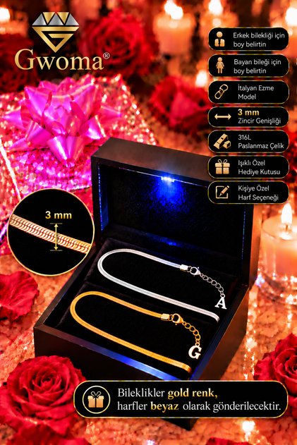 Men's Steel Letter Couple Bracelet - 3mm Italian Crushed Model Letter Couple Bracelet in Lighted Box 316 L Stainless Steel Gift Bracelet for Lover, Spouse