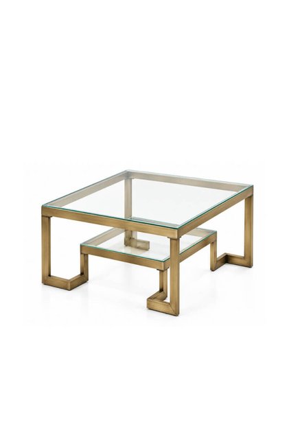 Eskitme Gold Metal Gövdeli Şeffaf Cam Tablalı İki Katlı Kare Orta Sehpa