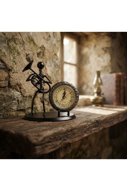 Metal Müzisyen Figürlü Masa Saati, Romen Rakamlı Vintage Kadranlı Dekoratif Masaüstü Biblo ve Saati