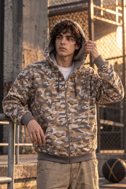 Men's Brown Beige Gray Camouflage Patterned Zippered Hooded Kangaroo Pocket 2 Thread Sweatshirt Cardigan
