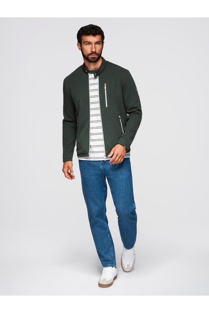 Geacă biker pentru bărbați, croială cambrată, tricot texturat, guler ridicat, verde închis OM-JANP-0229