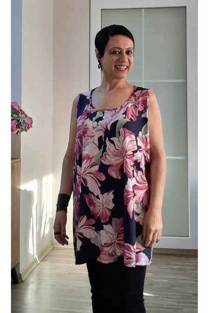 Navy Blue Pink Floral Patterned Thick Strap Combed Viscose T-Shirt