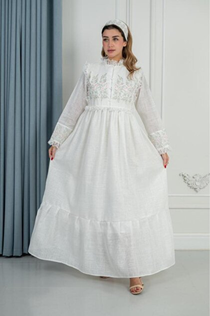 Linen Embroidered Reception Robe - Ivory