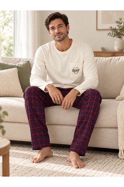 Men's Plaid Detailed Biskelet Collar Long Sleeve Cotton Pajama Set