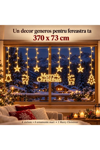 Instalatie LED Perdea de Craciun 370x73 cm, 9 Decoratiuni, Alb Cald, Jocuri de Lumini, Flash, Interconectabila | Perdea LED Luminoasa cu Stele, Reni, Clopotel, Brad pentru Geam, Ferestre,