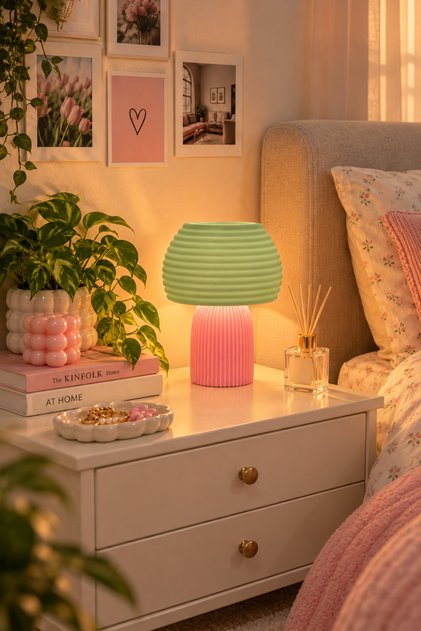 Yeşil Pembe Mantar Abajur - 3D Tasarım