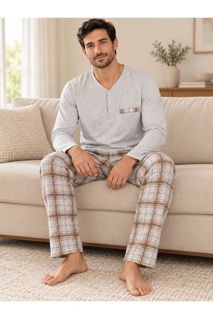 Men's Plaid Detailed Biskelet Collar Long Sleeve Cotton Pajama Set