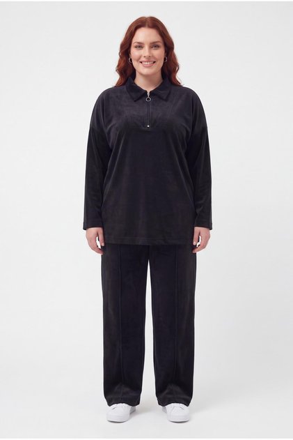 Women's Plus Size Polo Collar Zippered Wide Leg Black Tracksuit Set