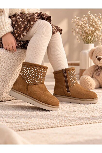 Girl's Suede Boots Stone Detailed Suede Boots Winter Children's Boots Girls' Boots