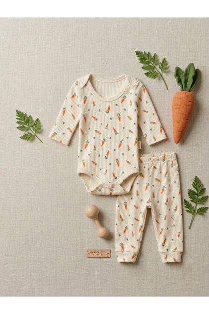 Mi̇noti̇&Unisex Baby Carrot Patterned Ribbed 2-Piece Set with Snap Fasteners, Bodysuit and Pants, Top and Bottom Set