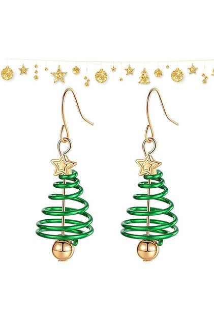 Christmas Tree Earrings for Women - Green Spiral Christmas Tree Dangle Earrings, Festive Season Stud