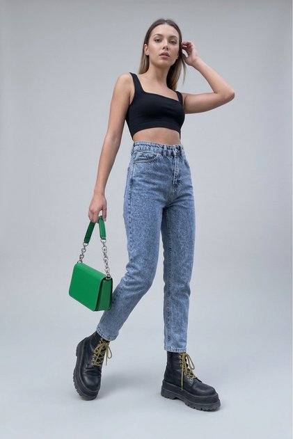 Asel Women's Snow Light Blue High Waist Mom Jean Denim Pants Lycra Boyfriend