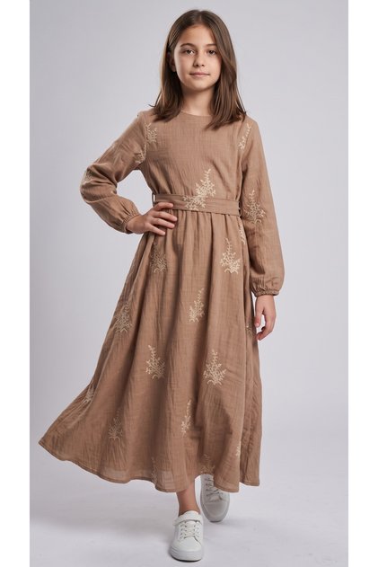 Girl's Embroidered Maxi Dress, Special Occasion Belted Hijab Dress, Ages 7-14