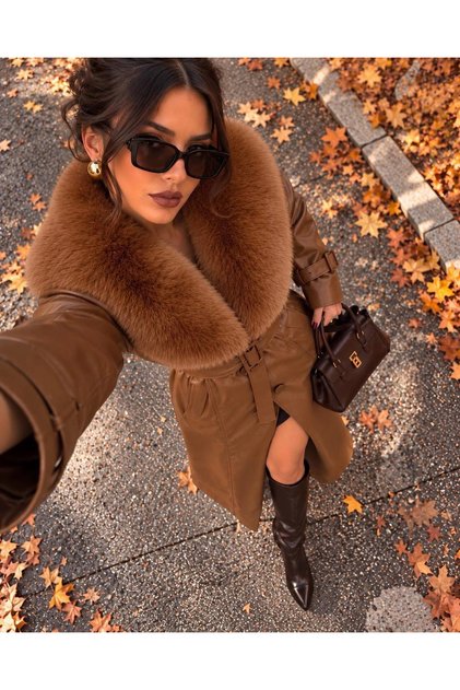 Women's Tan Fur Collar Detailed Faux Leather Coat Long Sleeves Belted Waist Midi Length