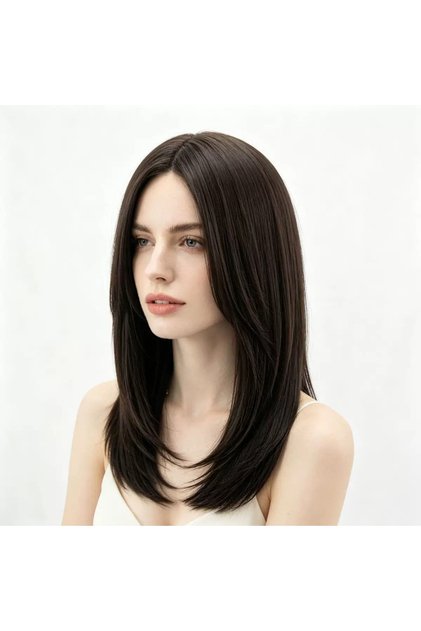 Perucă Sintetică Premium, Păr Mediu-Lung Stratificat, Șaten Închis Ciocolatiu, Cărare pe Mijloc, 50 cm