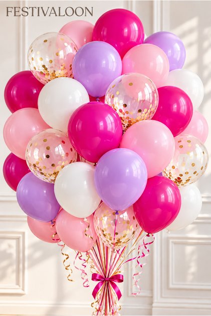 Şeker Buketi Temalı 20'li Fuşya Pembe Lila Beyaz Şeffaf Gold Konfeti Balon Seti Doğum Günü Baby Shower Parti Ve Organizasyon Süsleme Balonu