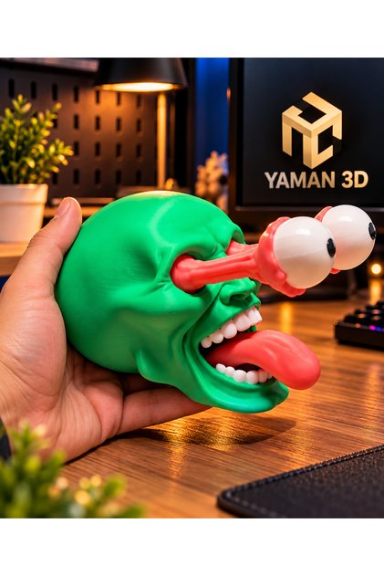 The Mask Tarzı Patlak Gözlü Yeşil Kafa Figürü Komik Dekoratif Biblo 3D Baskı