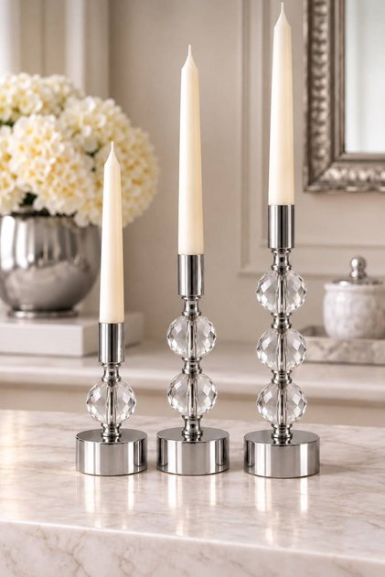 Lüks Kristal Gövdeli -3 Boy- Gümüş Dekoratif Modern Şamdan Mumluk