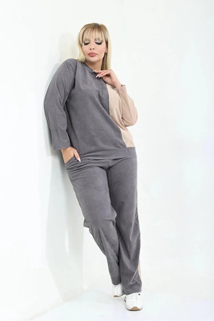Plus Size Corduroy Fabric Pocket Crew Neck High Waist Long Sleeve Set