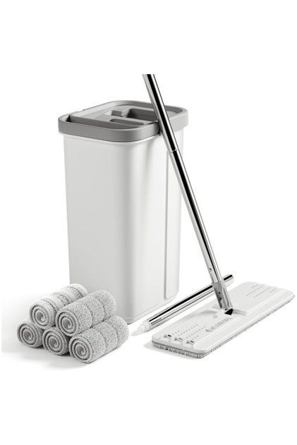 Flat Mop System, Microfiber Mop and Bucket Set, White, Hands-Free Floor Cleaning Set with Wringer, 60" Handle, Wet and Dry Use, 5 Reusable Pads