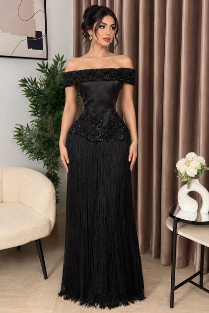 Luxury Black Off Shoulder Evening Dress with Black Sequin Embroidery Gowns