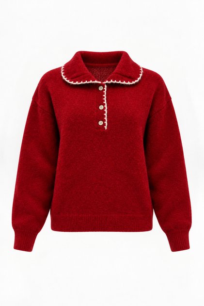 Women's Red Embroidery and Button Detailed Polo Collar Soft Textured Sweater