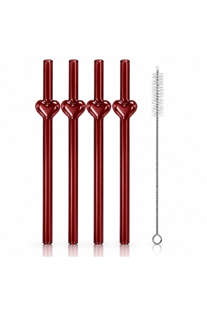 Aşkan'A 4-Piece Heart-Shaped Glass Straw Set 20 cm – Red, Reusable, with Cleaning Brush, 5 Pieces