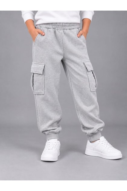 Unisex Children's Gray Cargo Pocket Sweatpants 3-Yarn Fabric Without Shiny Finish 100% Cotton Product (4 Seasons)