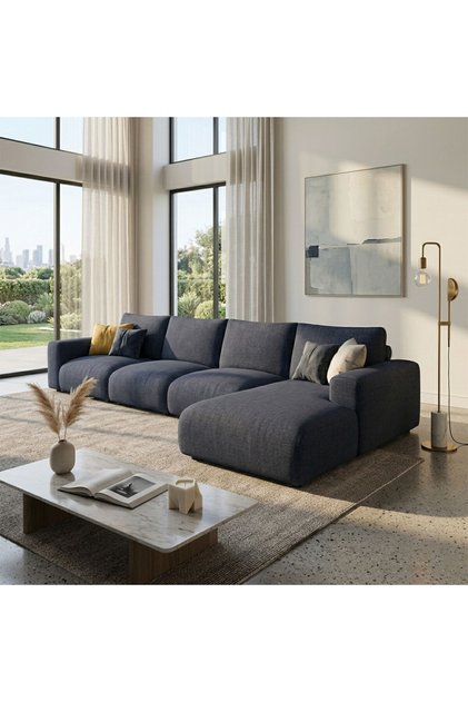 L-Shaped Corner Sofa Linen and Swedish Wood - Blue - Eilra - 300X180X90X90 cm