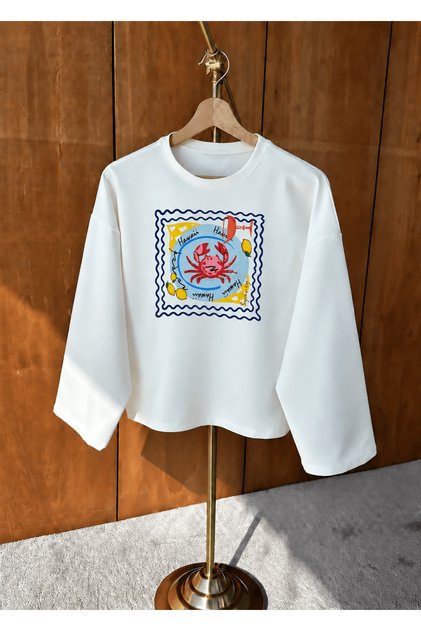 Summer Vibes Temalı Geniş Kol Sweat - Ekru