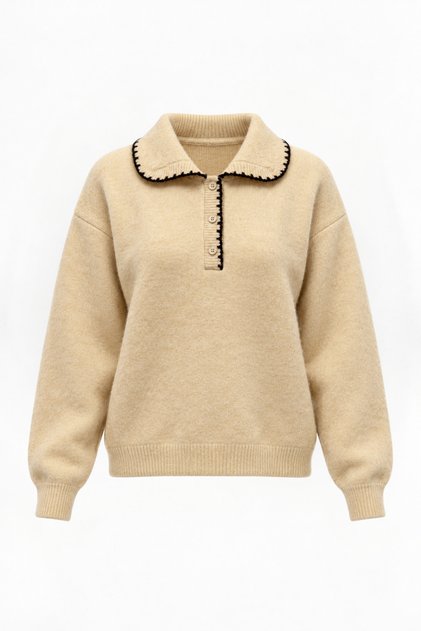 Women's Cream Embroidery and Button Detailed Polo Collar Soft Textured Sweater