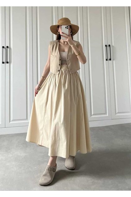 Elastic Waist Poplin Skirt with Side Pockets