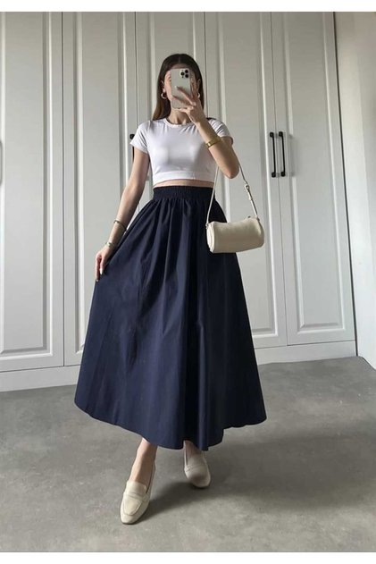 Elastic Waist Poplin Skirt with Side Pockets
