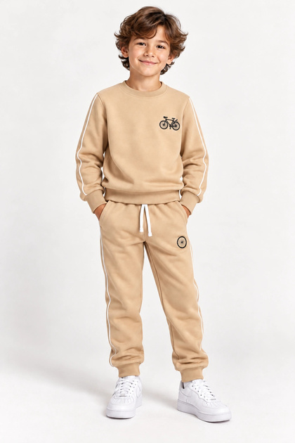 Children's Beige Cycling Embroidered 3 Thread Tracksuit Set with Piping Detail