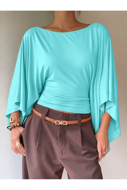 Boat Neck Bat Sleeve Waist Gathered Blouse Jt9748