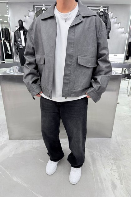 Gray Pocket Detailed Boxy Fit Leather Jacket
