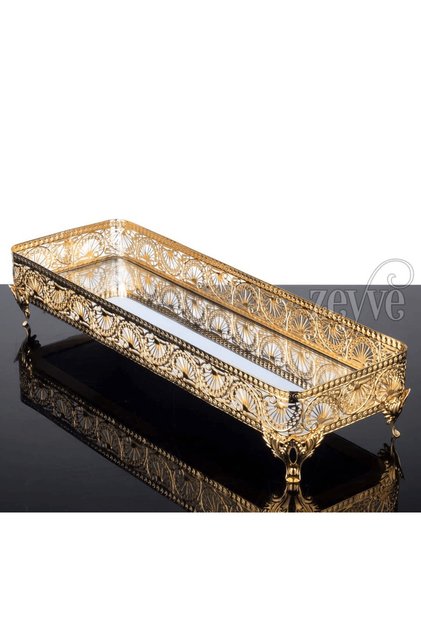 Mirrored Tray Decorative Presentation Tray Long Metal Gold 40 X 14 cm – Hünkar Model