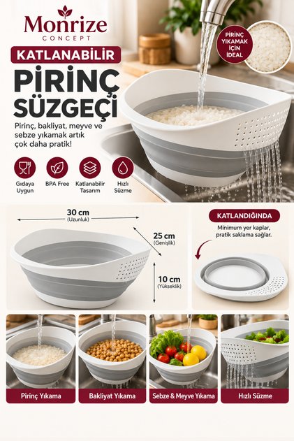 Katlanabilir Pirinç Yıkama Süzgeci 30x25 cm Akordiyon Süzgeçli Badya Bakliyat Sebze Meyve Yıkama Kabı