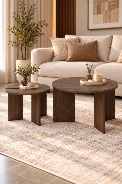 Coffee Brown Round Nesting Coffee Table Set, 2-Piece Living Room Center Tables, 90 cm and 50 cm