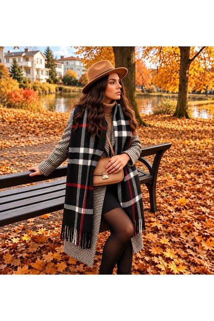 Plaid Patterned and Tasseled Cashmere Scarf in Black Shades - 4
