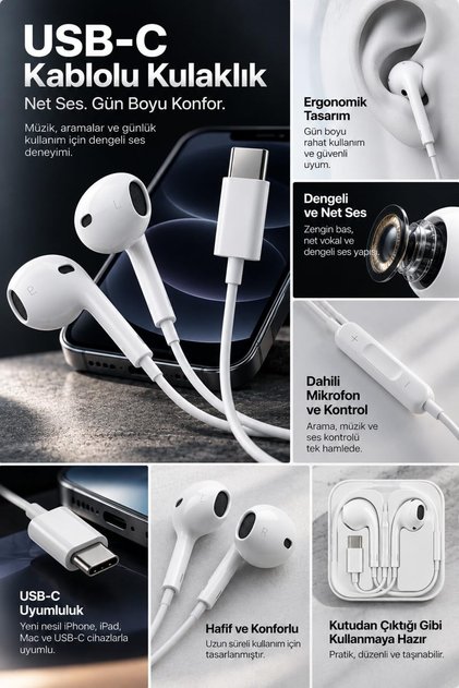 Type-C Kablolu Kulak İçi Kulaklık Mikrofonlu, iPhone ve Android Uyumlu