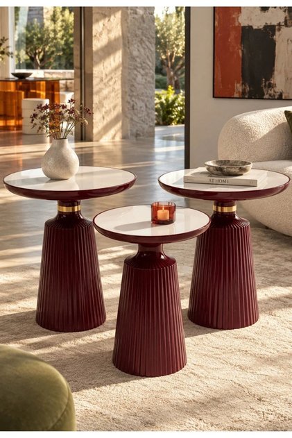Calista Serisi Bordo Modern 3'lü Yan Sehpa Takımı | Zigon Sehpa Seti
